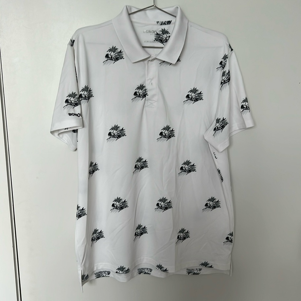 Bonobos White golf shirt with car and palm tree design
